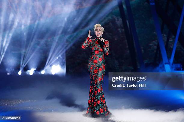 Lady Gaga performs during the 2016 Victoria's Secret Fashion Show at Le Grand Palais on November 30, 2016 in Paris, France.