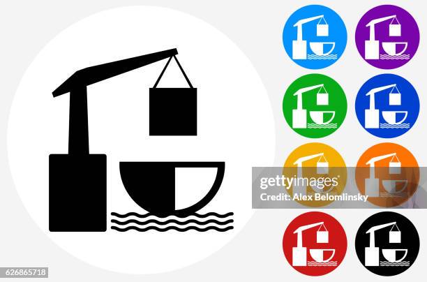 freight lift icon auf flachen farbkreistasten - shipping containers green red stock-grafiken, -clipart, -cartoons und -symbole