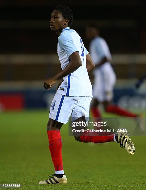 Tariq Uwakwe of England U18 during the U18 International Friendly match between England and France at London Road Stadium on November 14, 2016 in...