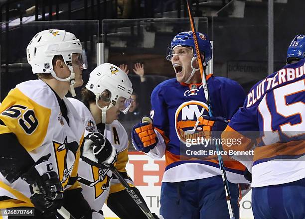 Casey Cizikas of the New York Islanders celebrates his goal at 17:21 of the second period against the Pittsburgh Penguins at the Barclays Center on...