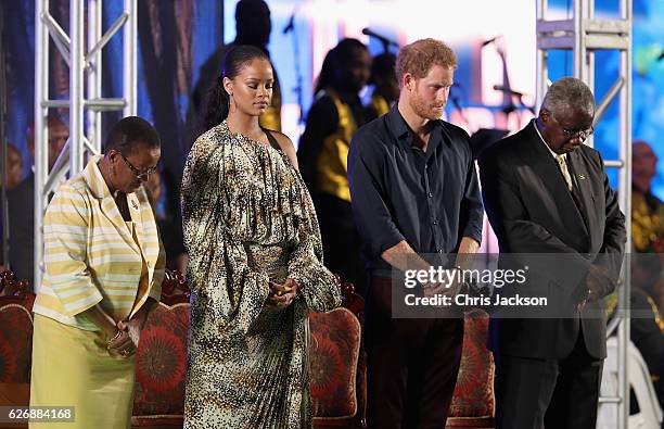 Senator, the Honourable Maxine McClean, singer Rihanna, Prince Harry and Prime Minister of Barbados Freundel Stuart attend a Golden Anniversary...