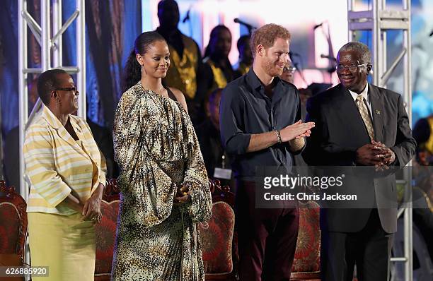 Senator, the Honourable Maxine McClean, singer Rihanna, Prince Harry and Prime Minister of Barbados Freundel Stuart attend a Golden Anniversary...