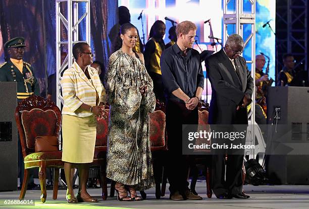 Senator, the Honourable Maxine McClean, singer Rihanna, Prince Harry and Prime Minister of Barbados Freundel Stuart attend a Golden Anniversary...