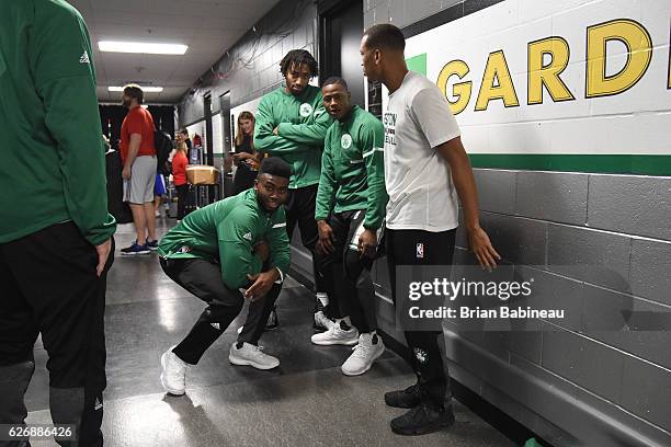 Jaylen Brown, James Young and Terry Rozier of the Boston Celtics are seen before the game against the Detroit Pistons son November 30, 2016 at the TD...