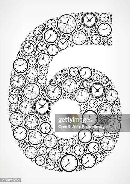 stockillustraties, clipart, cartoons en iconen met number 6 on time and clock vector icon pattern - minutenwijzer