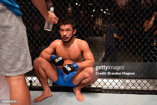 Hiromasa Ogikubo receives advice from his corner after facing Tim Elliot during the filming of The Ultimate Fighter: Team Benavidez vs Team Cejudo at...