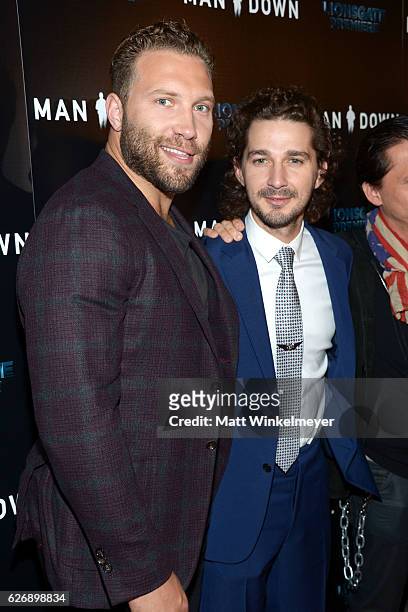 Actors Shia LaBeouf and Jai Courtney attend the premiere of Lionsgate Premiere's "Man Down" at ArcLight Hollywood on November 30, 2016 in Hollywood,...