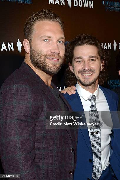 Actors Shia LaBeouf and Jai Courtney attend the premiere of Lionsgate Premiere's "Man Down" at ArcLight Hollywood on November 30, 2016 in Hollywood,...