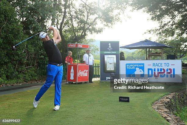 Graeme Storm of England hits the first tee shot of the tournament on the first week of the 2017 European Tour Season during the first round of the...