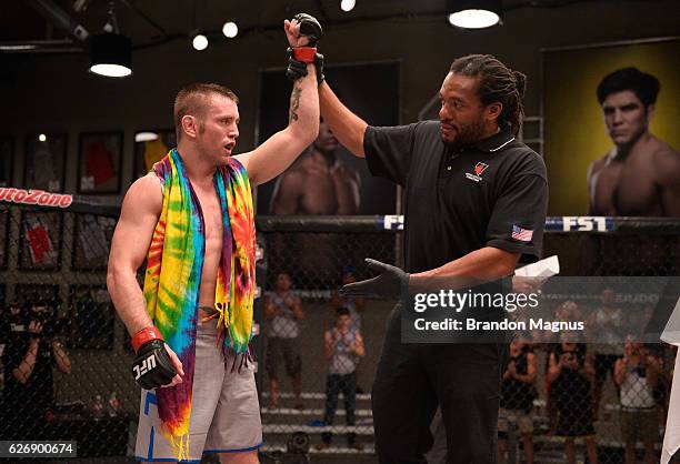 Tim Elliot celebrates his victory over Hiromasa Ogikubo during the filming of The Ultimate Fighter: Team Benavidez vs Team Cejudo at the UFC TUF Gym...