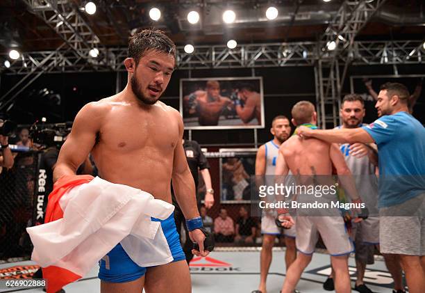 Hiromasa Ogikubo reacts to his loss to Tim Elliot during the filming of The Ultimate Fighter: Team Benavidez vs Team Cejudo at the UFC TUF Gym on...