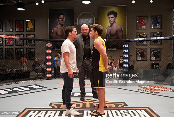 Joseph Benavidez and Henry Cejudo face off during the filming of The Ultimate Fighter: Team Benavidez vs Team Cejudo at the UFC TUF Gym on August 10,...