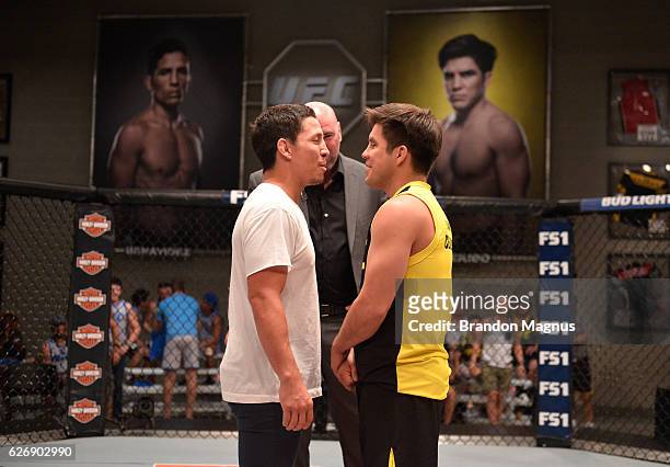Joseph Benavidez and Henry Cejudo face off during the filming of The Ultimate Fighter: Team Benavidez vs Team Cejudo at the UFC TUF Gym on August 10,...
