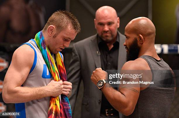 Tim Elliot and UFC flyweight champion Demetrious Johnson face off during the filming of The Ultimate Fighter: Team Benavidez vs Team Cejudo at the...
