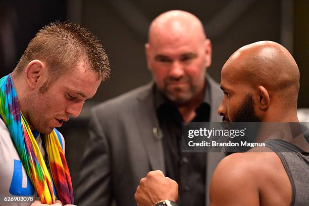 Tim Elliot and UFC flyweight champion Demetrious Johnson face off during the filming of The Ultimate Fighter: Team Benavidez vs Team Cejudo at the...