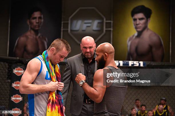 Tim Elliot and UFC flyweight champion Demetrious Johnson face off during the filming of The Ultimate Fighter: Team Benavidez vs Team Cejudo at the...