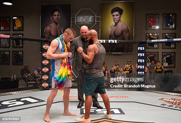 Tim Elliot and UFC flyweight champion Demetrious Johnson face off during the filming of The Ultimate Fighter: Team Benavidez vs Team Cejudo at the...