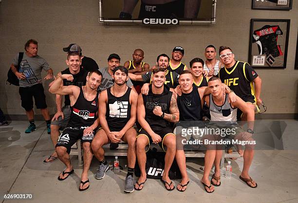 Team Cejudo poses for a picture during the filming of The Ultimate Fighter: Team Benavidez vs Team Cejudo at the UFC TUF Gym on August 10, 2016 in...