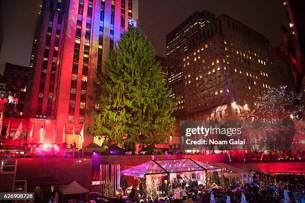 View of the 2016 Rockefeller Center Christmas Tree as seen during the 84th Rockefeller Center Christmas Tree Lighting ceremony at Rockefeller Center...