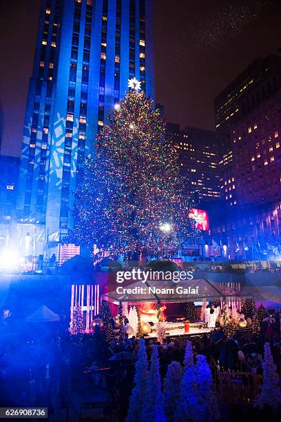 View of the 2016 Rockefeller Center Christmas Tree as seen during the 84th Rockefeller Center Christmas Tree Lighting ceremony at Rockefeller Center...