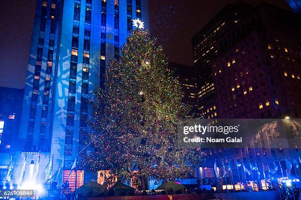 View of the 2016 Rockefeller Center Christmas Tree as seen during the 84th Rockefeller Center Christmas Tree Lighting ceremony at Rockefeller Center...