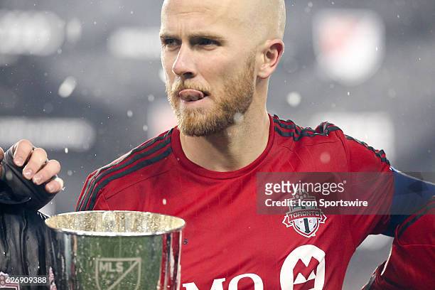 Michael Bradley of the Toronto FC celebrates after defeating the Montreal Impact 5-2 to win the Eastern Conference Championship on November 30 at BMO...