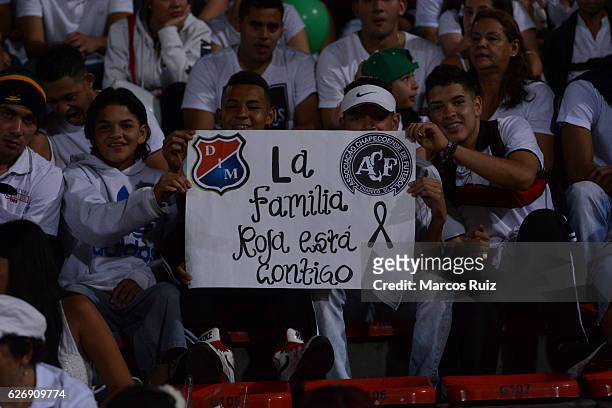 Fans of Deportivo Independiente Medellin show support to Chapecoense during a tribute to brazilian soccer team Chapecoense following fatal airplane...