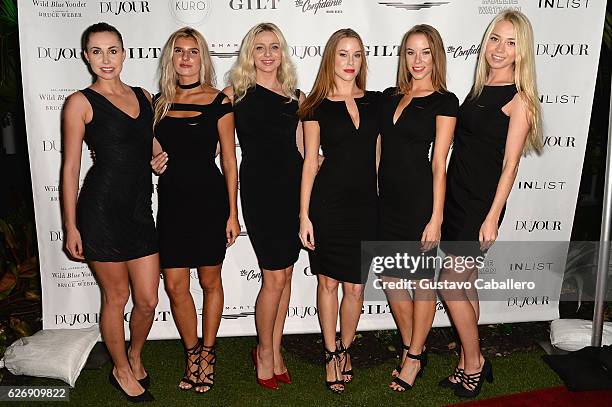 JetSmarter models attend the DuJour Media, Gilt & JetSmarter party to kick off Art Basel at The Confidante on November 30, 2016 in Miami Beach,...