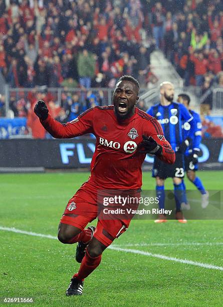 Jozy Altidore of Toronto FC celebrates a goal during the first half of the MLS Eastern Conference Final, Leg 2 game against Montreal Impact at BMO...