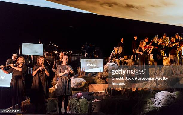 Members of the Alarm Will Sound orchestra perform during a dress rehearsal of 'The Hunger' for the 2016 Brooklyn Academy of Music Next Wave Festival...