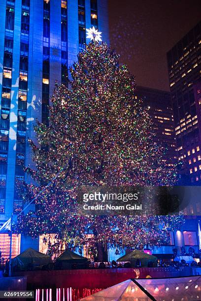 View of the 2016 Rockefeller Center Christmas Tree as seen during the 84th Rockefeller Center Christmas Tree Lighting ceremony at Rockefeller Center...