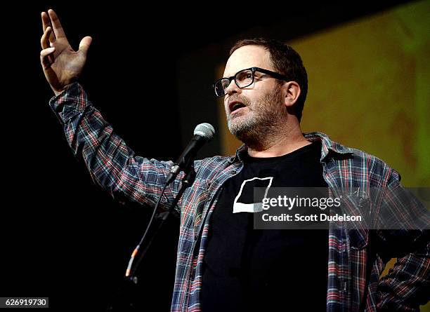 Actor Rainn Wilson from the TV show The Office performs onstage during Creed Bratton's benefit concert for Lide Haiti at the Regent Theater DTLA on...