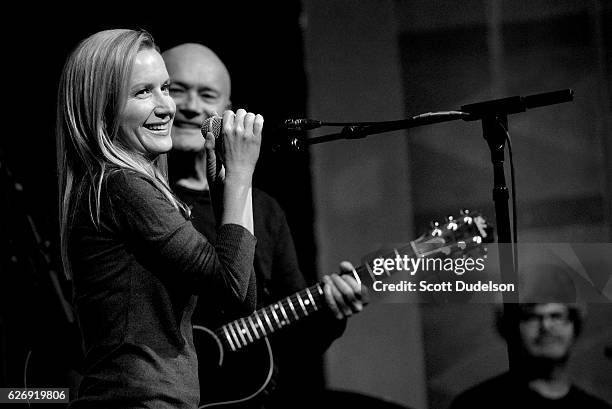 Actors/musicians Angela Kinsey, Creed Bratton and Rainn Wilson from the TV show The Office perform onstage during Creed Bratton's benefit concert for...
