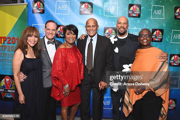 Actress Rosie Perez, AHF President David Weinstein, singer Patti LaBelle, singer Harry Belafonte, rapper Common and AHF Board Chair Cynthia Davis...