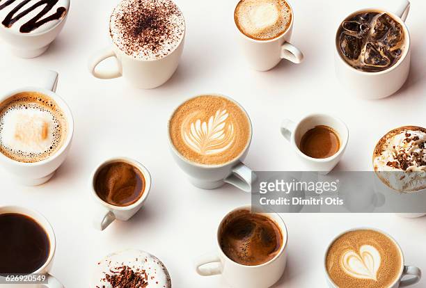 many different types of gourmet coffee, selection - cappuccino top view stock-fotos und bilder