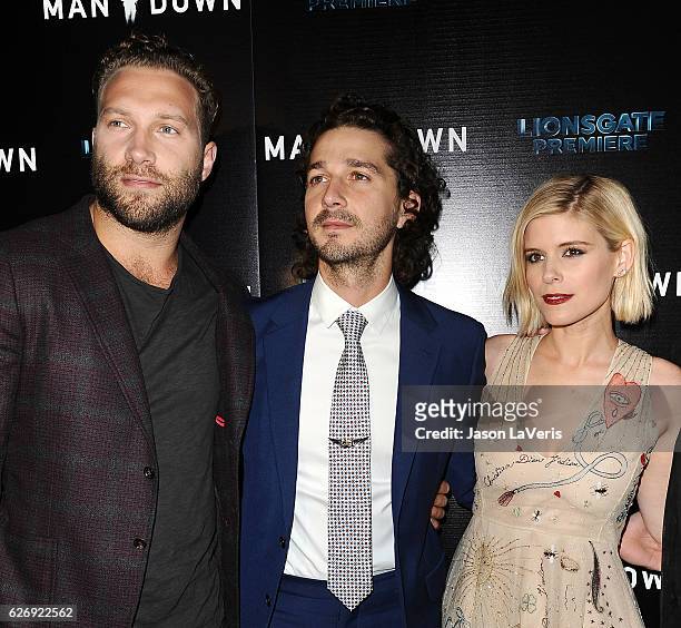 Jai Courtney, Shia LaBeouf and Kate Mara attend the premiere of "Man Down" at ArcLight Hollywood on November 30, 2016 in Hollywood, California.