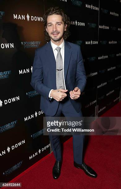 Shia LaBeouf attends the Premiere Of Lionsgate Premiere's "Man Down" at ArcLight Hollywood on November 30, 2016 in Hollywood, California.