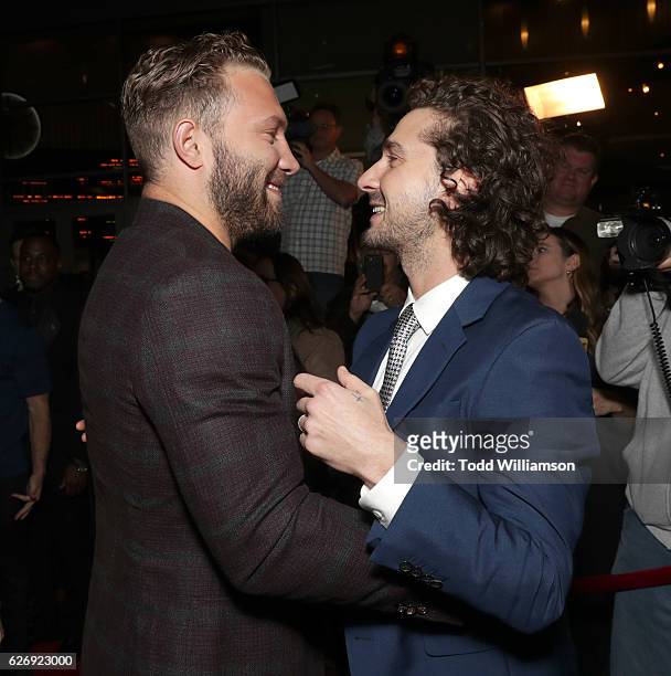 Jai Courtney and Shia LaBeouf attend the Premiere Of Lionsgate Premiere's "Man Down" at ArcLight Hollywood on November 30, 2016 in Hollywood,...