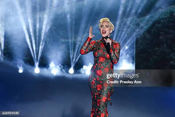 Lady Gaga performs on the runway at 2016 Victoria's Secret Fashion Show in Paris - Show at Le Grand Palais on November 30, 2016 in Paris, France.