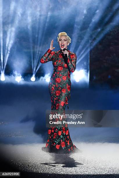 Lady Gaga performs on the runway at 2016 Victoria's Secret Fashion Show in Paris - Show at Le Grand Palais on November 30, 2016 in Paris, France.