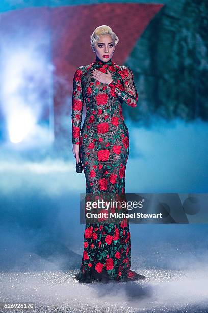 Singer Lady Gaga performs during the runway during the 2016 Victoria's Secret Fashion Show at Le Grand Palais in Paris on November 30, 2016 in Paris,...