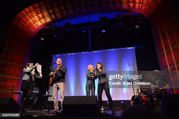 Actors/musicians Creed Bratton, Angela Kinsey, Kate Flannery and Rainn Wilson from the TV show The Office perform onstage during Creed Bratton's...