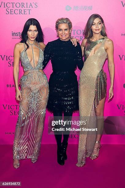 Bella Hadid, Yolanda Foster and Gigi Hadid attend the 2016 Victoria's Secret Fashion Show after party at Le Grand Palais on November 30, 2016 in...