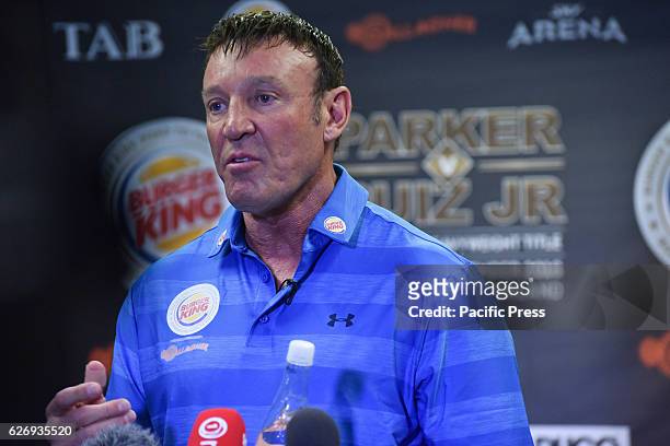 New Zealand boxer Joseph Parker's trainer Kevin Barry speaks to the media during a media training session ahead of his WBO world boxing title fight...