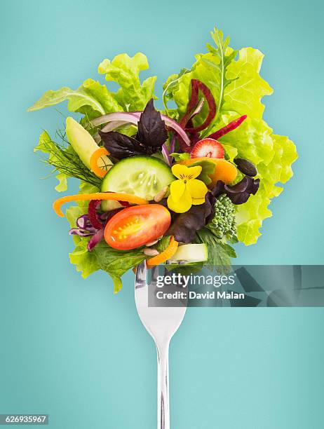 fresh salad on a fork. - food on coloured background stock pictures, royalty-free photos & images