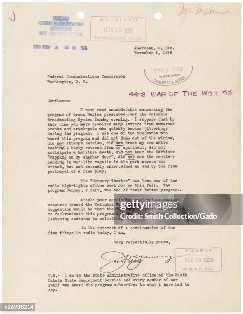 Letter from JV Yaukey from the Federal Communications Commission, Washington, District of Columbia regarding the War of the Worlds radio broadcast,...