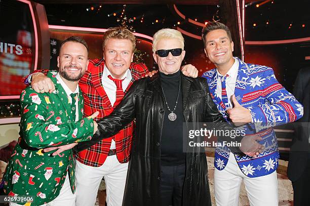 Caught in the Act and german singer Heino attend the tv show 'Die schoensten Weihnachtshits' on November 30, 2016 in Munich, Germany.