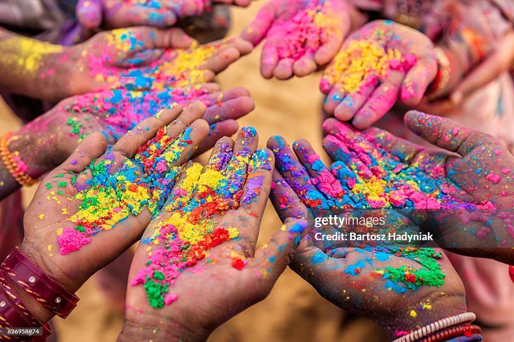 Group of Indian children playing holi in Rajasthan, India