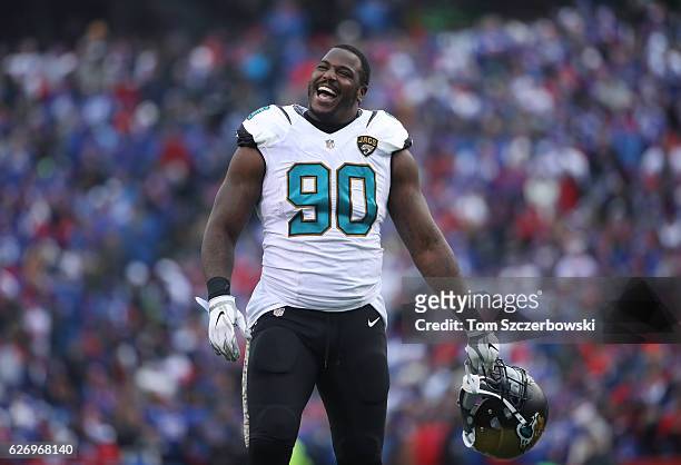 Malik Jackson of the Jacksonville Jaguars during NFL game action against the Buffalo Bills at New Era Field on November 27, 2016 in Orchard Park, New...