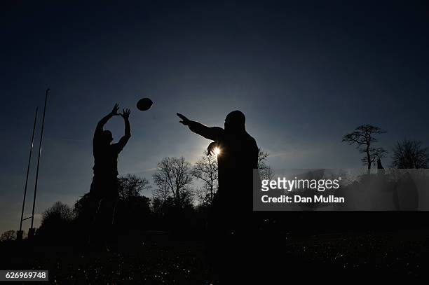 Stephen Moore and Scott Fardy practice a line out during an Australia training session at Harrow School on December 1, 2016 in London, England....